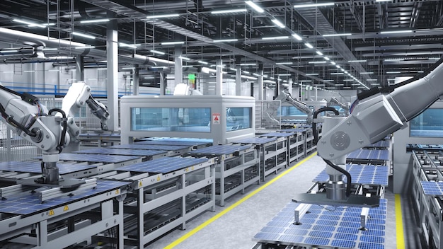 3D-illustratie van een bedrijf dat zonnecellen produceert in een groene energiefaciliteit