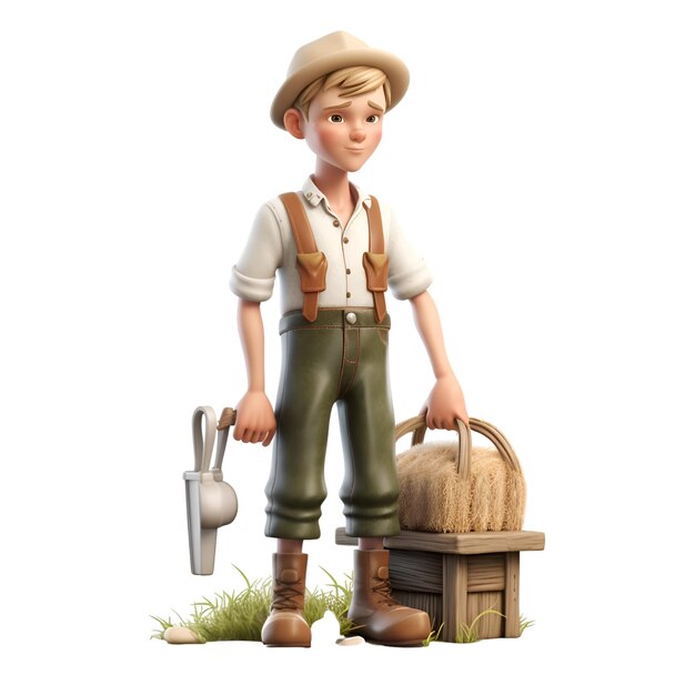 3D-illustratie van een boer met een mand met gras en gereedschap