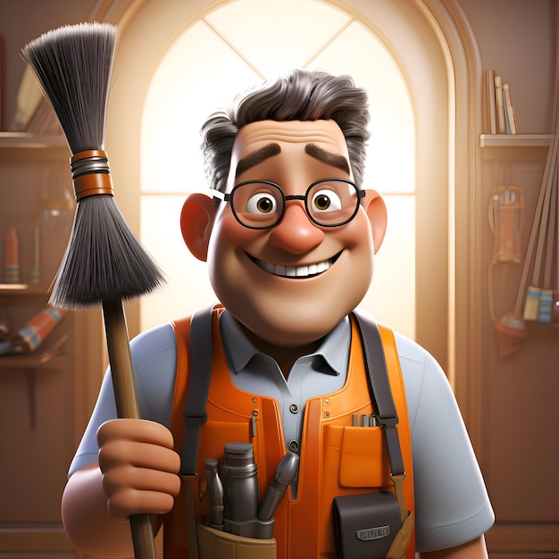 Foto 3d-illustratie van een cartoon handyman met een bezem in zijn hand