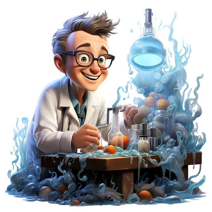Foto 3d-illustratie van een cartoon karakter wetenschapper met een microscoop in zijn laboratorium
