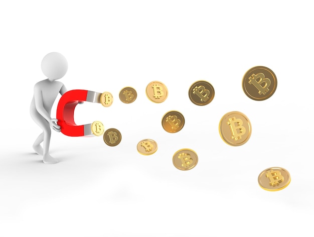 3D illustratie van een cartoon man die bitcoins aantrekt met magneet