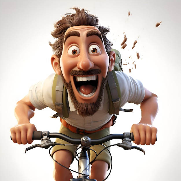 Foto 3d-illustratie van een cartoon man die op een fiets rijdt met een grote glimlach