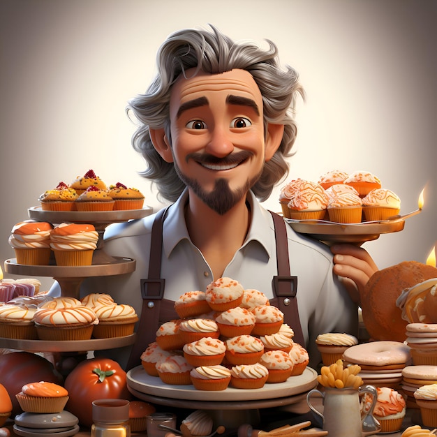 3D-illustratie van een cartoon man met cupcakes en andere cakes