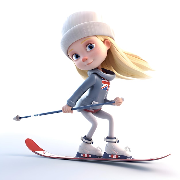 3D illustratie van een cartoon meisje skiër op ski's