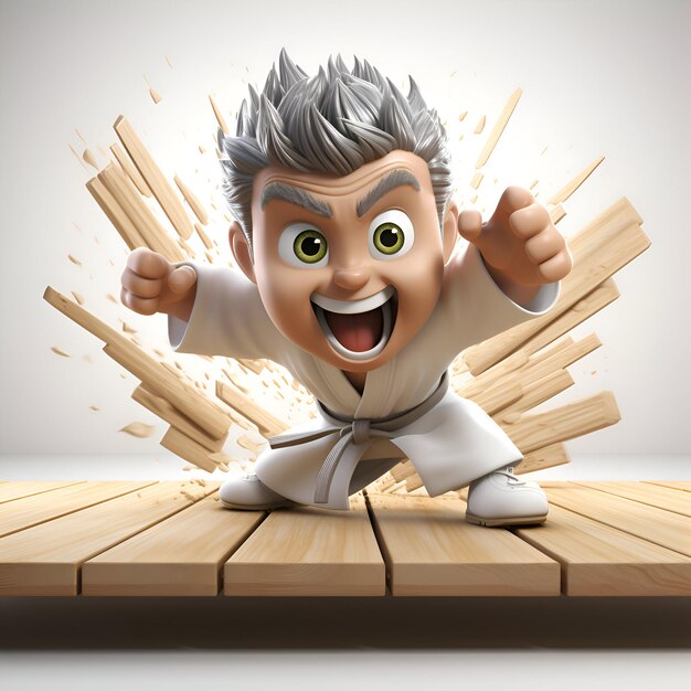 Foto 3d-illustratie van een cartoon personage in kung fu pose met houten vloer