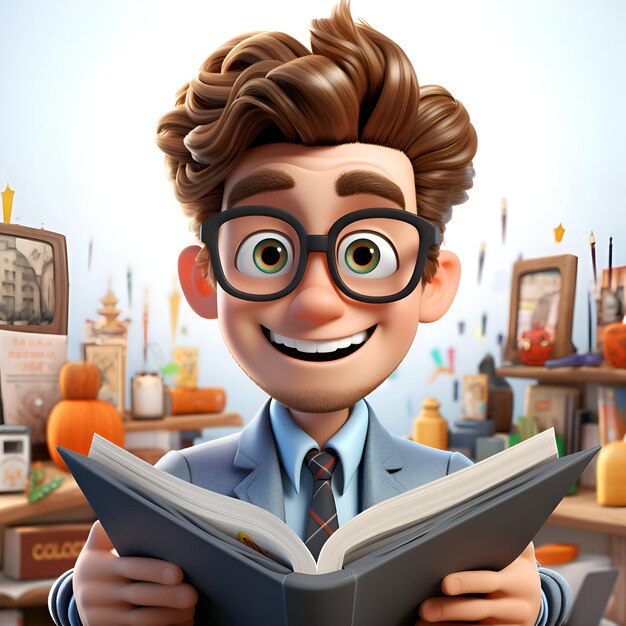 Foto 3d-illustratie van een cartoon personage met een boek in zijn handen