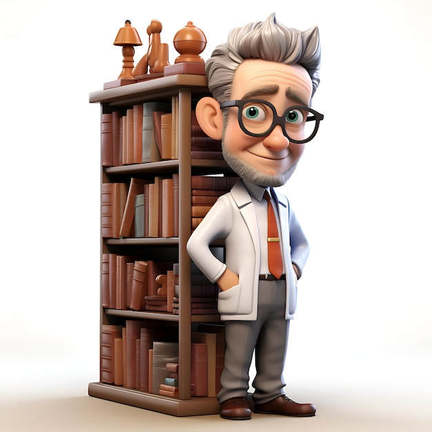 Foto 3d-illustratie van een cartoon personage met een boekenplank en een bril