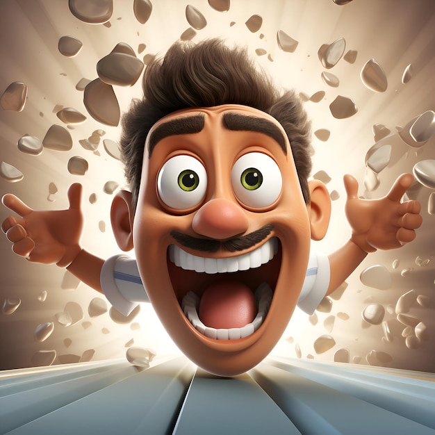 3D-illustratie van een cartoon personage met een grappige uitdrukking op zijn gezicht