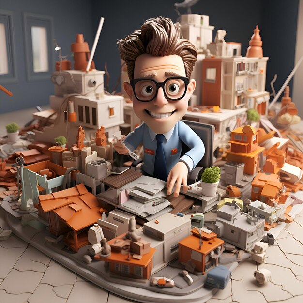 Foto 3d-illustratie van een cartoon personage met een model van de stad