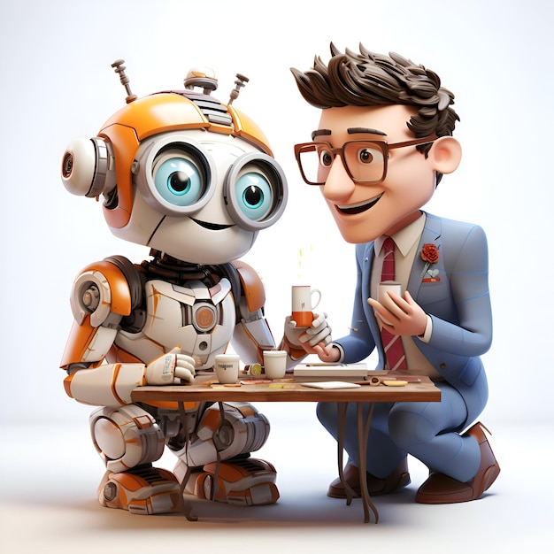 3D-illustratie van een cartoon robot en een man die schaak speelt