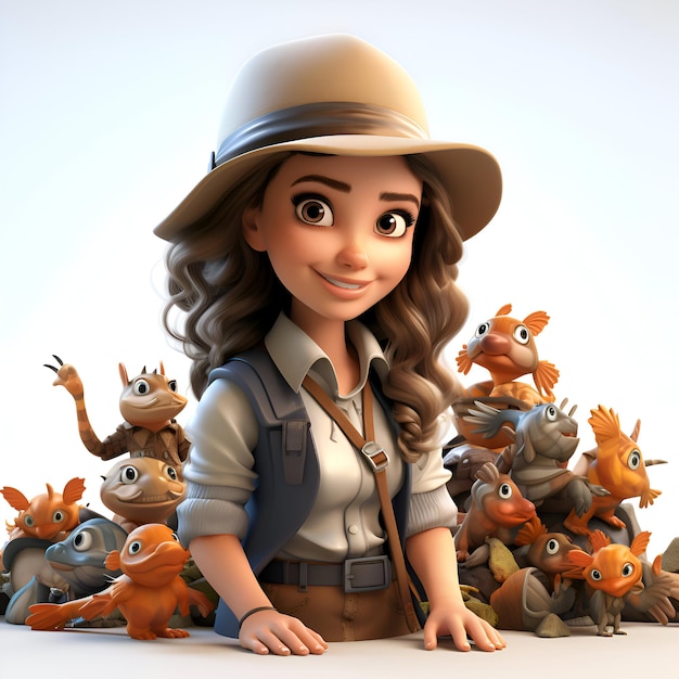 3D-illustratie van een cartoon scout met een groep kikkers