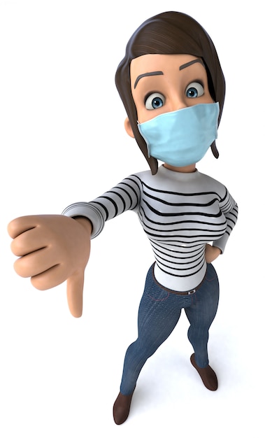 3D illustratie van een cartoon vrouw met een masker voor coronaviruspreventie