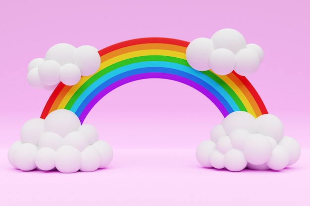 3d illustratie van een cartoonregenboog in de vorm van een boog met wolken