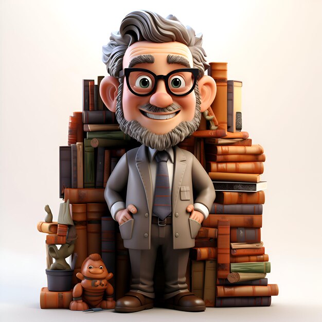 Foto 3d-illustratie van een cartoonwetenschapper met een stapel oude boeken