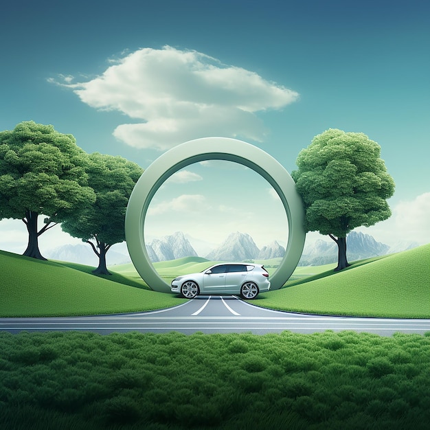 3d-illustratie van een cirkelvormige weg met een grasveld in het midden van de auto en de banden reclameontwerp
