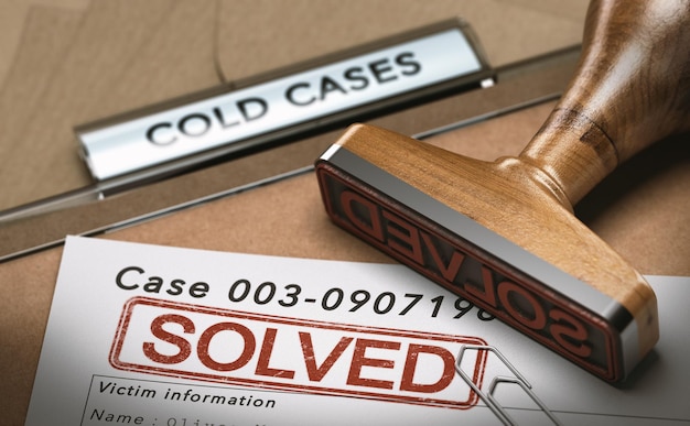 3D illustratie van een cold case-bestand met een rubberen stempel en het woord opgelost. concept van succesvol politieonderzoek