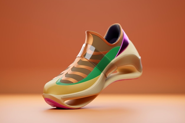 3D illustratie van een conceptschoen voor de metaverse Kleurrijke sportschoen sneaker op een hoog platform