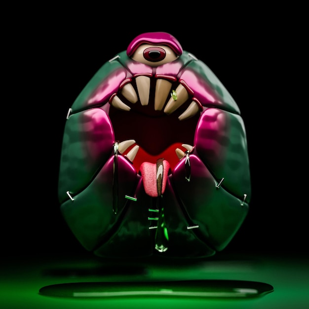3D illustratie van een eng eenogig groen monster op een donkere geïsoleerde achtergrond Grappig monster voor kinderontwerp