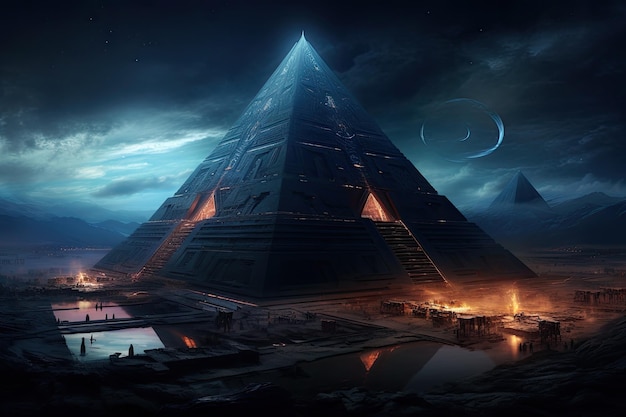 Foto 3d-illustratie van een futuristisch landschap met piramides 's nachts