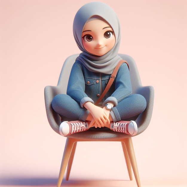 3D-illustratie van een geanimeerd personage van een jong Indonesisch meisje dat ontspannen op een stoel zit