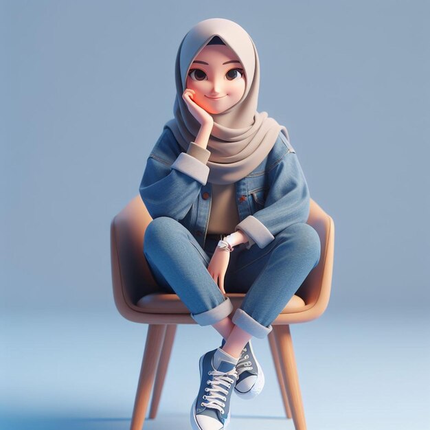 3D-illustratie van een geanimeerd personage van een jong Indonesisch meisje dat ontspannen op een stoel zit