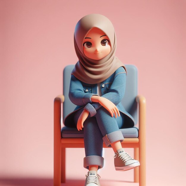 3D-illustratie van een geanimeerd personage van een jong Indonesisch meisje dat ontspannen op een stoel zit
