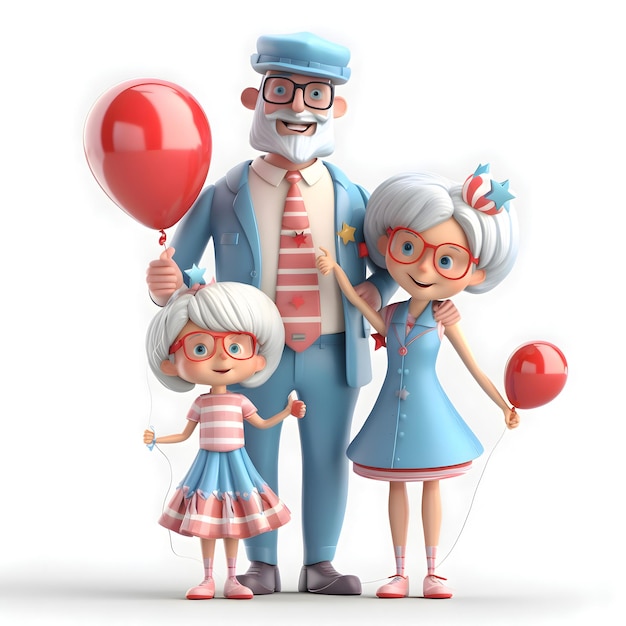 3D illustratie van een gelukkig gezin met een ballon geïsoleerd op een witte achtergrond