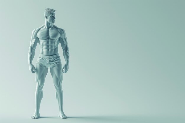 3D-illustratie van een gespierde mannelijke figuur in een heldhaftige pose op een gewone achtergrond met een minimalistische esthetiek