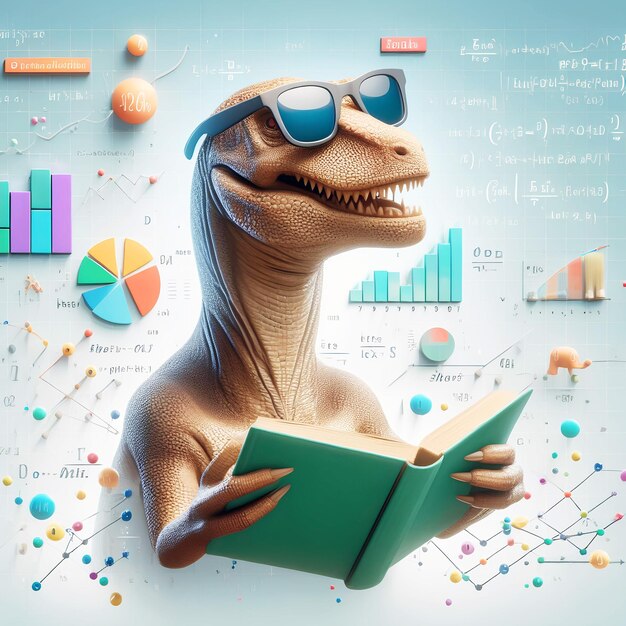 3D-illustratie van een glimlach van een dinosaurus met een zonnebril die een boek leest en wiskundige gegevensanalyse oplost