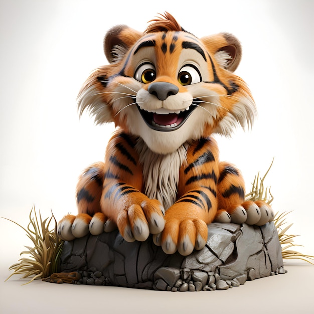 Foto 3d-illustratie van een grappige cartoon tijger die op een rots zit