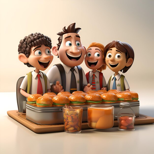 3D-illustratie van een groep gelukkige kinderen met hamburgers