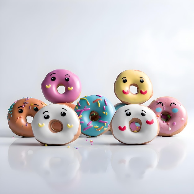 3D-illustratie van een groep kleurrijke donuts op een witte achtergrond