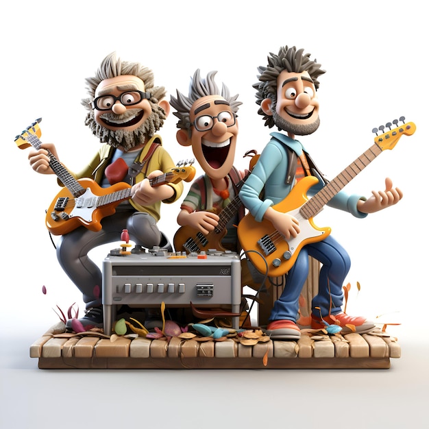 3D-illustratie van een groep rockers die gitaar spelen en zingen