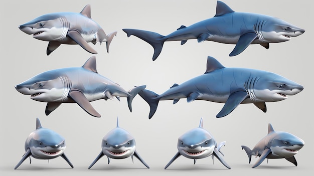 Foto 3d-illustratie van een grote witte haai de haai wordt vanuit verschillende hoeken bekeken, waaronder de zijkant en de voorkant
