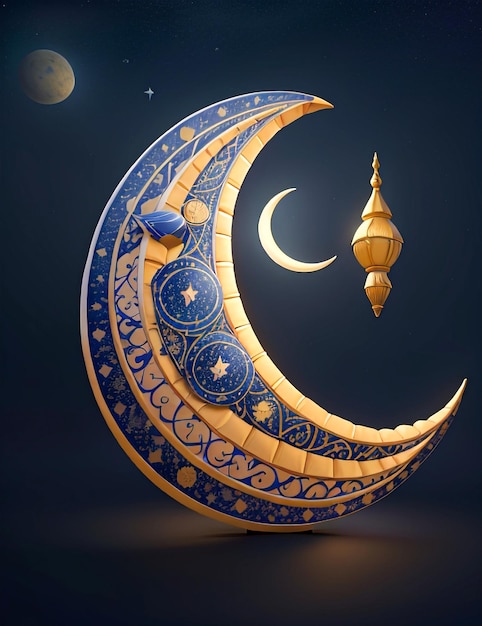 3D-illustratie van een halve maan en sterren versierd met islamitische kalligrafie