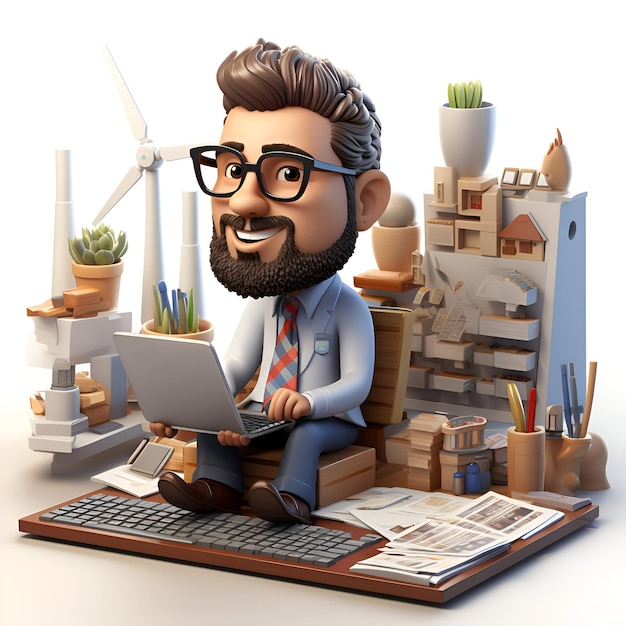 Foto 3d-illustratie van een hipster zakenman met een laptop op een bureau