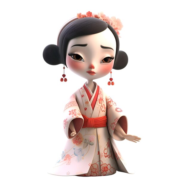 3D illustratie van een Japans meisje in kimono met een witte achtergrond