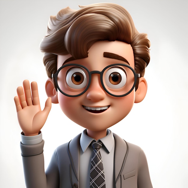 3D illustratie van een jonge zakenman met een bril die hallo zegt, zwaaiende hand