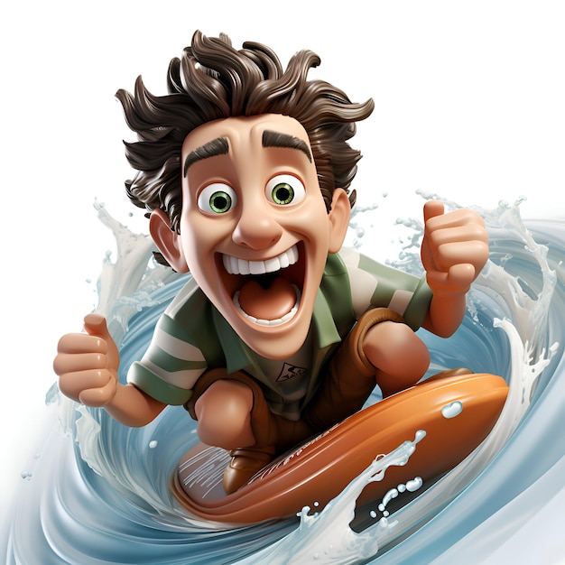 3D-illustratie van een jongen die op een surfplank in het water rijdt