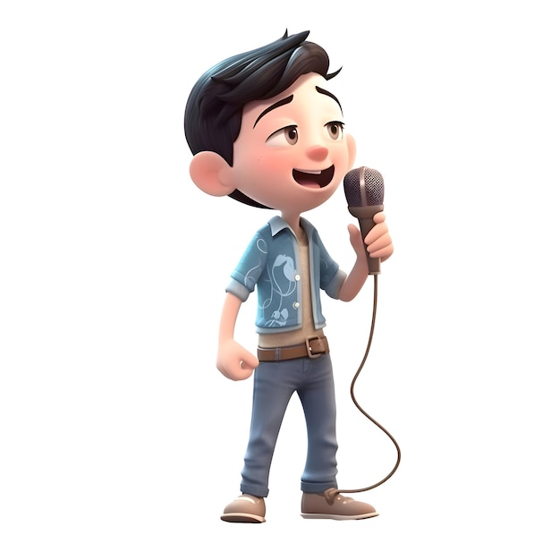 3D illustratie van een jongen die zingt met een microfoon Geïsoleerde witte achtergrond