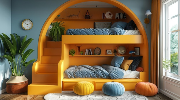 Foto 3d-illustratie van een kinderkamer met bunkerbedden