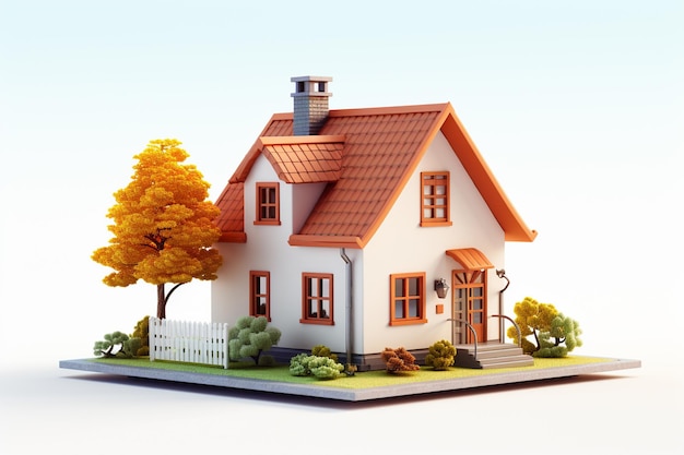 3D illustratie van een klein huis met een schoorsteen op een witte achtergrond onroerend goed concept