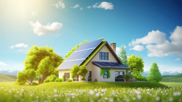 3d-illustratie van een klein huis met een zonnetak bovenaan en groen rondom