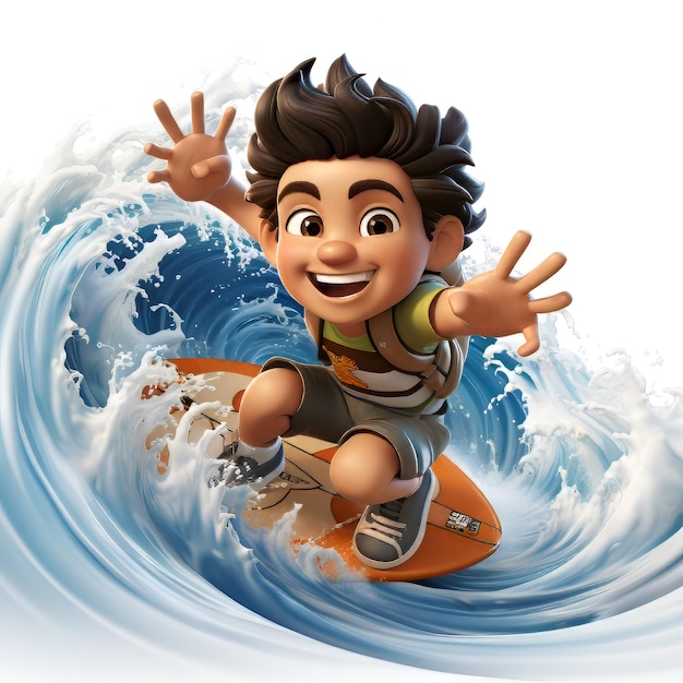3D-illustratie van een kleine jongen die surft in de oceaan met golven