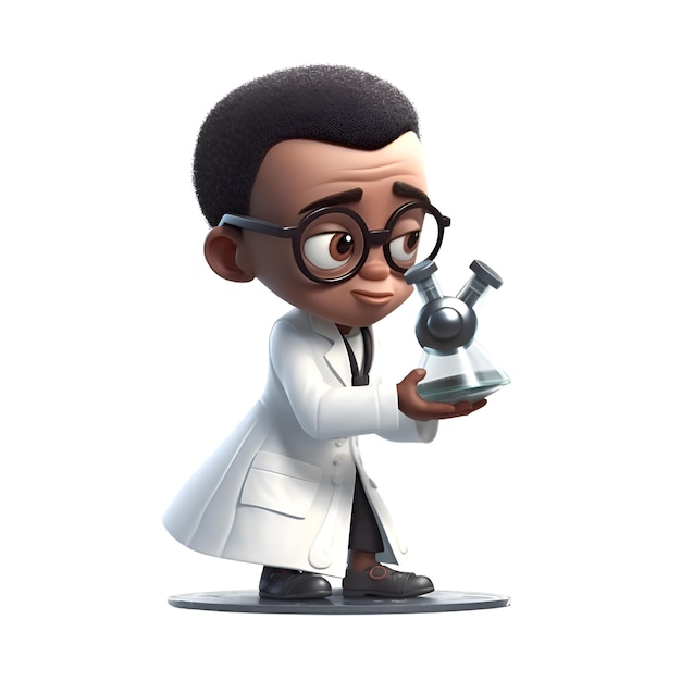 3D illustratie van een kleine wetenschapper met een microscoop geïsoleerd op een witte achtergrond