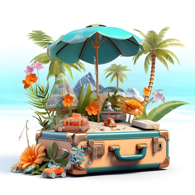 3D-illustratie van een koffer met strandthema met vakantieconcept