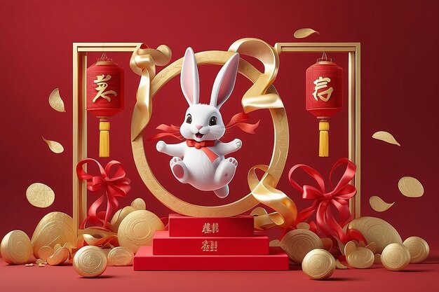 3D-illustratie van een konijn dat voor een rij koepelframes van rood lint springt met een gouden geschenkdoos en een munt die op roode achtergrond in de lucht drijft