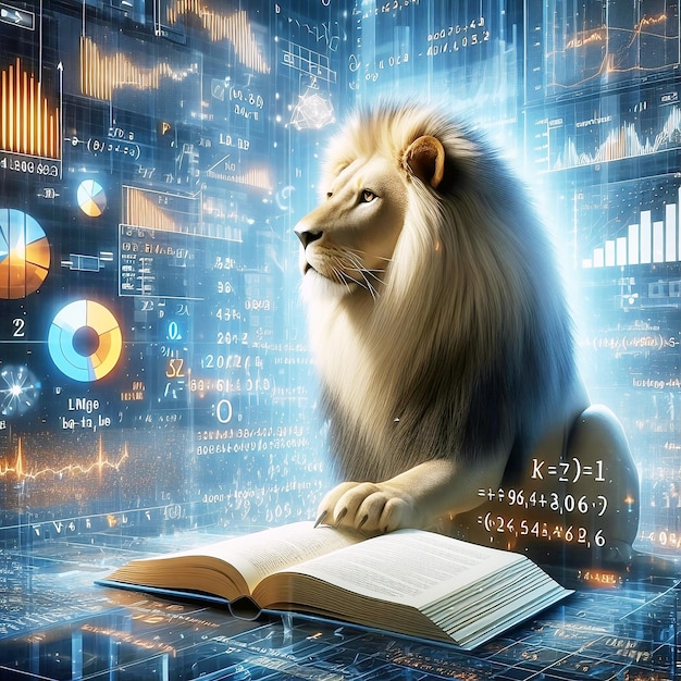 3D-illustratie van een leeuw die een boek leest en wiskundige gegevensanalyse oplost in concept gratis foto
