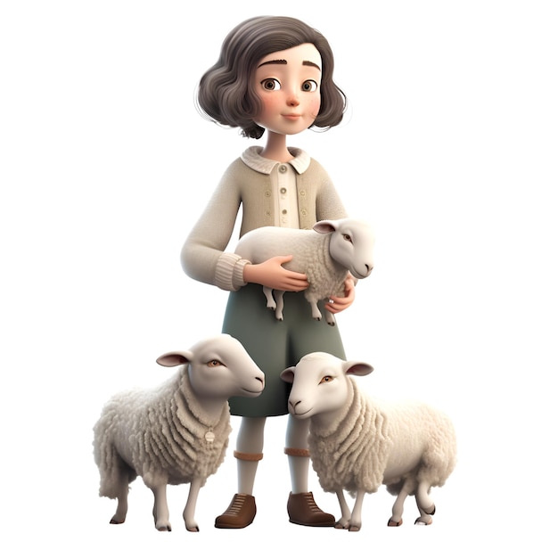 Foto 3d illustratie van een leuk beeldverhaalmeisje met schapen op witte achtergrond