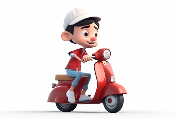 3d illustratie van een leuke cartoon die een scooter berijdt op geïsoleerde achtergrond generatieve ai